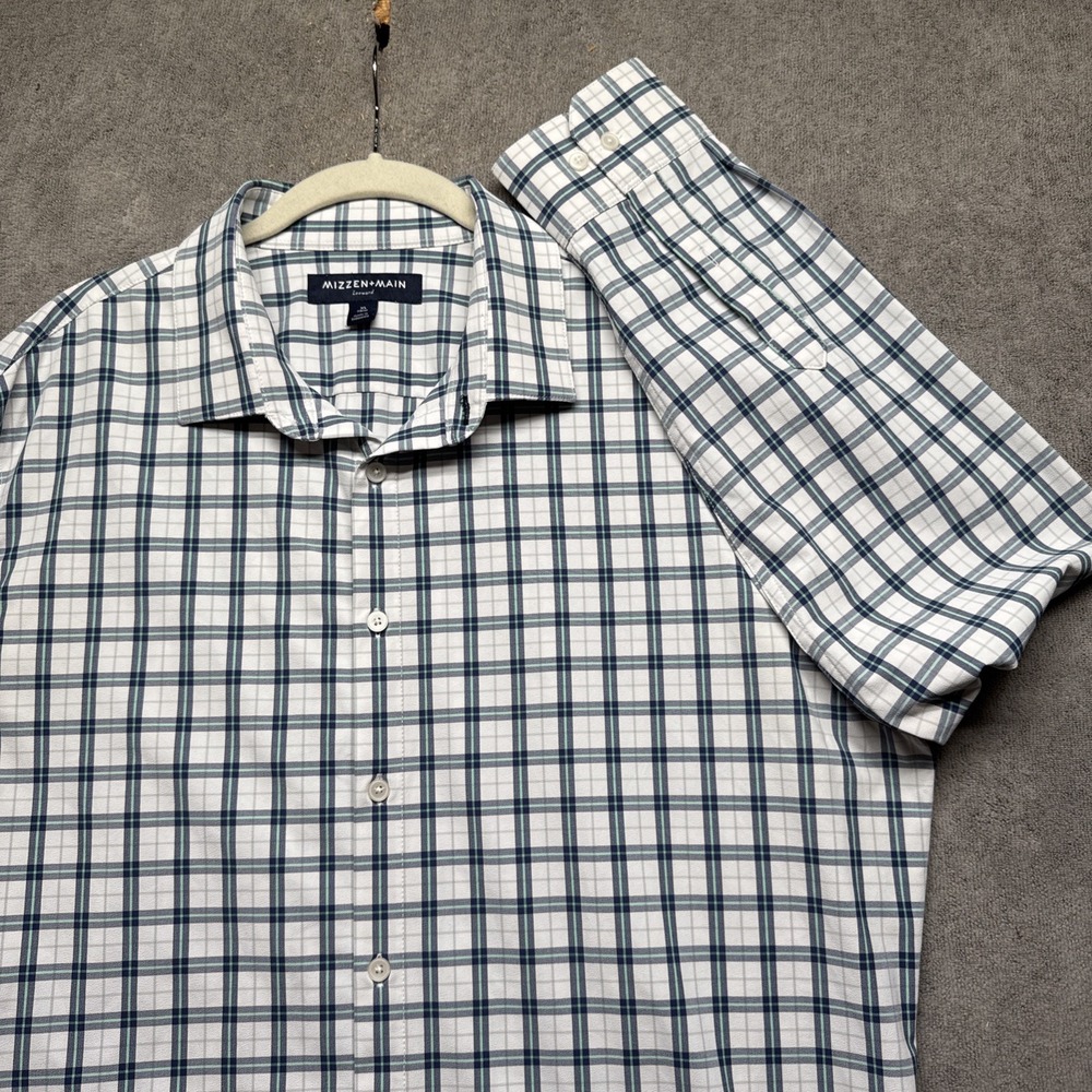 Mizzen+Main Leeward Shirt Men's XL Trim Fit Blue Green Plaid Button Up